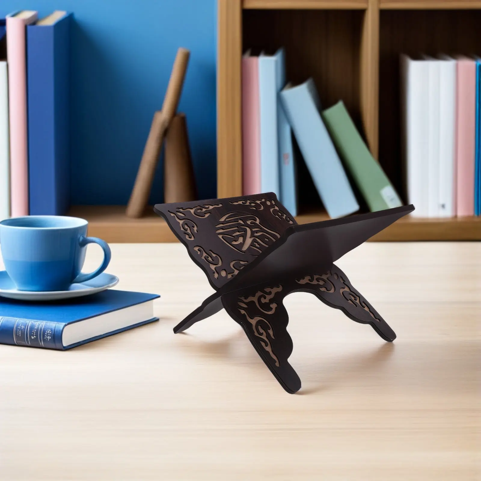 Foldable Quran Bible Book Holder Black Wooden Prayer Reading Organizer Rack Muslim Decorative Book Shelf Textbooks Stand