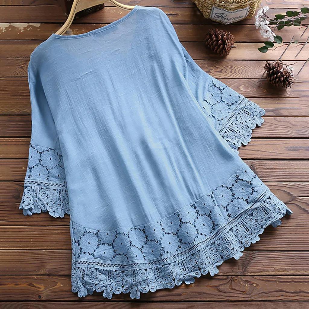 Elegant Loose Lace Trim Blouses Women Casual Floral Embroidery Shirts V-Neck Three Quarter Sleeve Tops Female Blusas Mujer