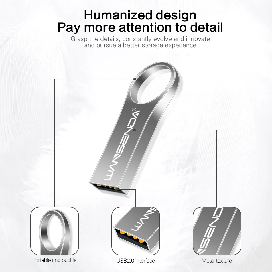 Wansenda-キーリング付きポータブルUSBフラッシュドライブ、金属ペンドライブ、メモリスティック、2.0サムドライブ、8GB、16GB、32GB、64GB、128GB