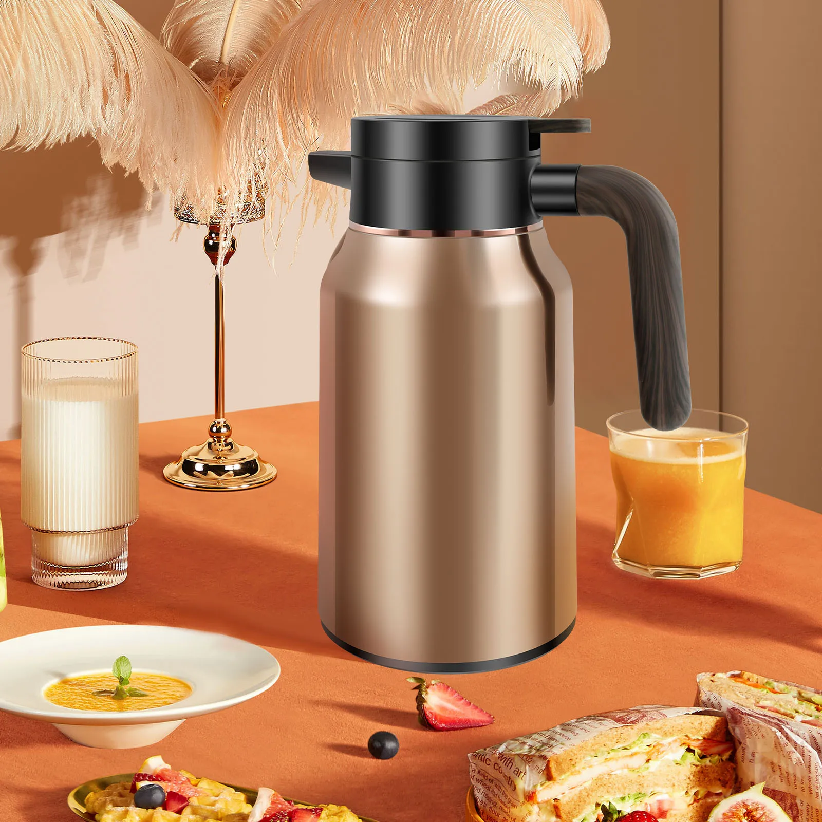 Insulated Coffee Carafe with Wood Handle 36 Hours Coffee Dispenser 1.5L 304 Stainless Steel Coffee Carafe Leakproof Hot Beverage