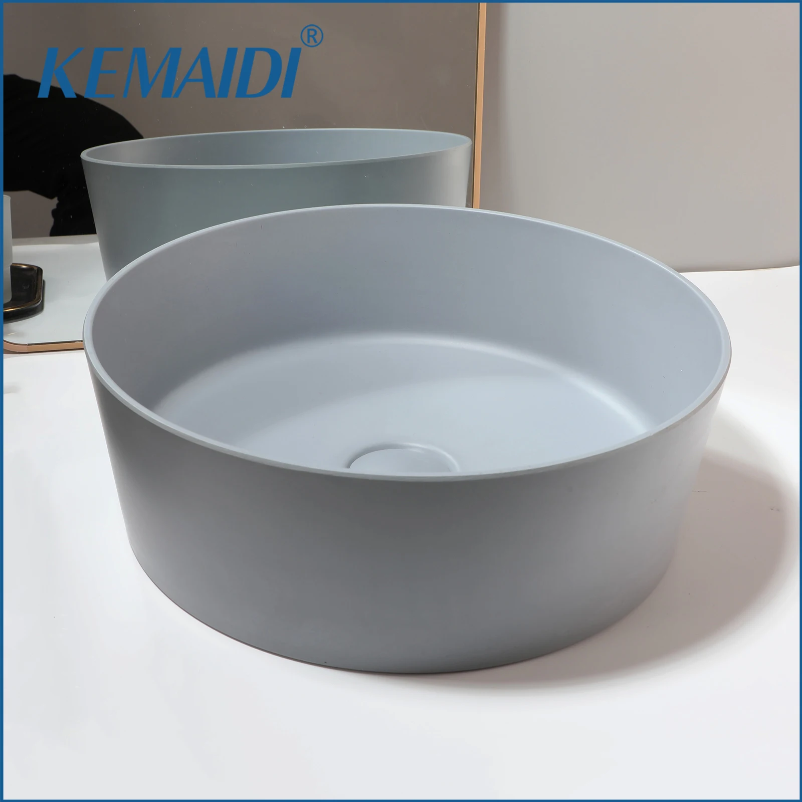 

KEMAIDI 15-дюймовая каменная смола, круглая серая раковина для ванной комнаты, раковина над столешницей, чаша для раковины с выдвижным сливом, комбинированная раковина для умывальника