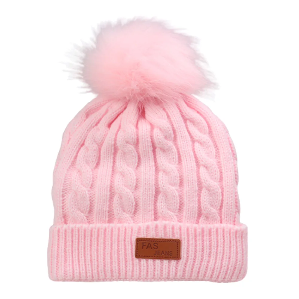 Kids Warm Lined Pom Hats Winter Cable Twisted Knitted Beanies for Children 2 To 6 Years Pink Grey White Yellow Red Black