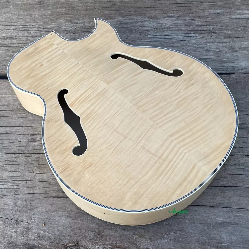 In Stock DIY Electric Guitar Body with Flame Maple Top, Unfinished Thick Full Hollow Body, Single Cut F Holes, Free Shipping