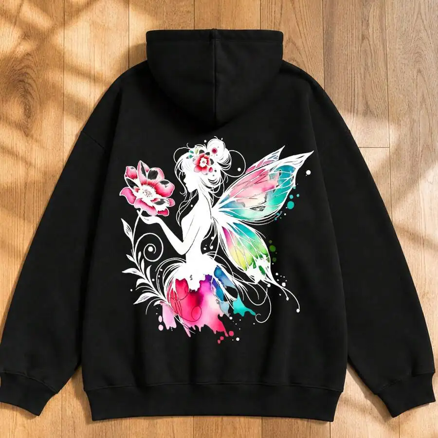 Black Hoodie With Colorful Fairy And Flower Print, Loose Fit Pullover Sweatshirt For Fall Streetwear, New Fall Fashion 2026 For Women