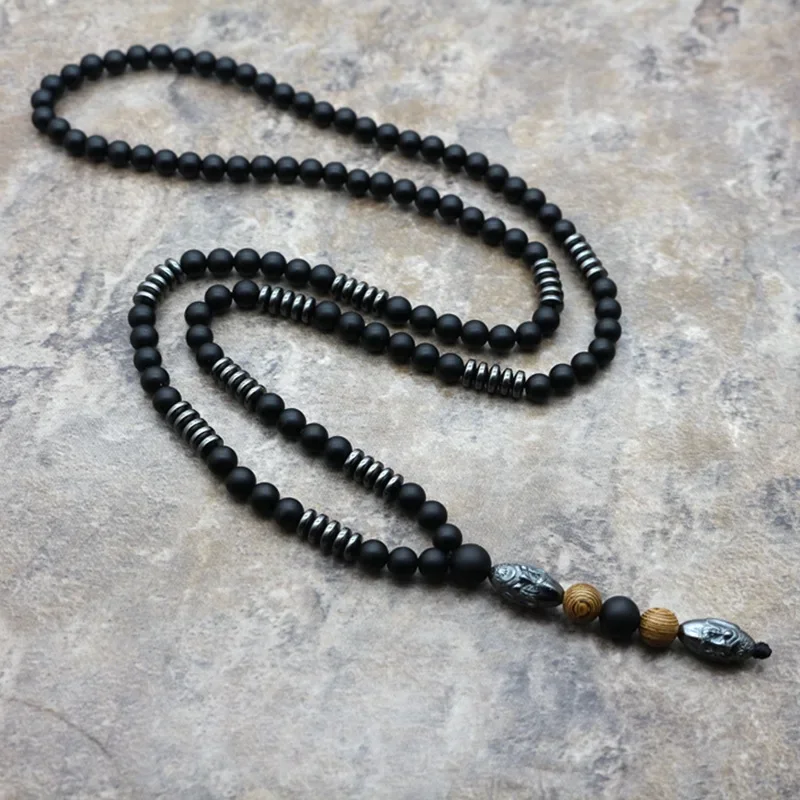 New Design 6MM Natural Stone Carving Beads Necklace Men Black Hematite Long Necklace Old Man Head Pendant Necklace Jewelry PQ-05