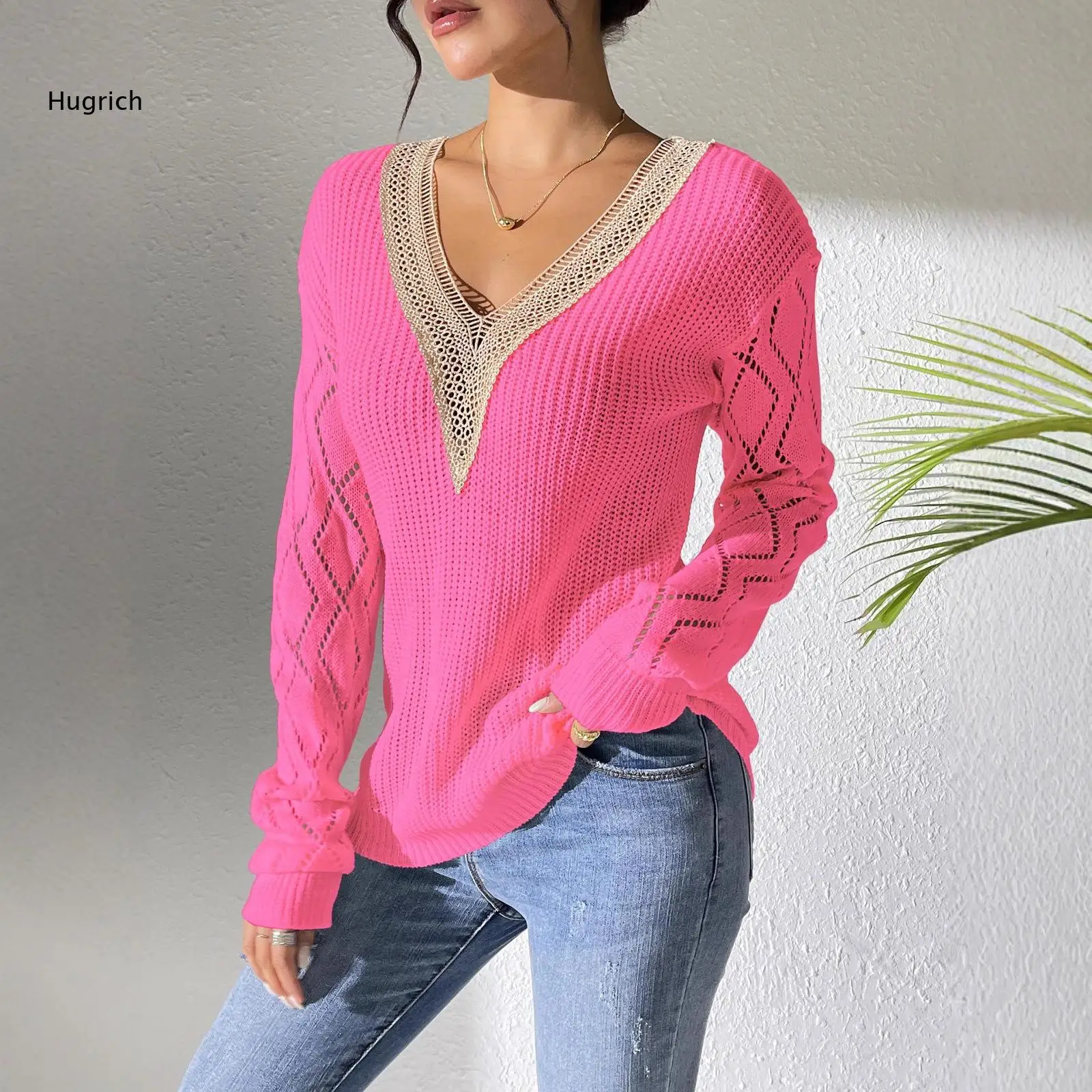 Long Sleeve Hollow Knit Sweater For Women Contrast Lace Detailed V Neck Diamond Cutout Pullover For Casual Daily Matching