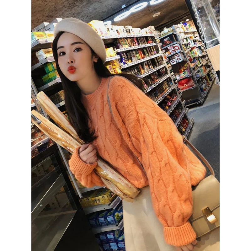 

Loose Women's Sweater Student Versatile Top Fairy T Sle Long Sve round Ne Color Commute Faion Straight Tube