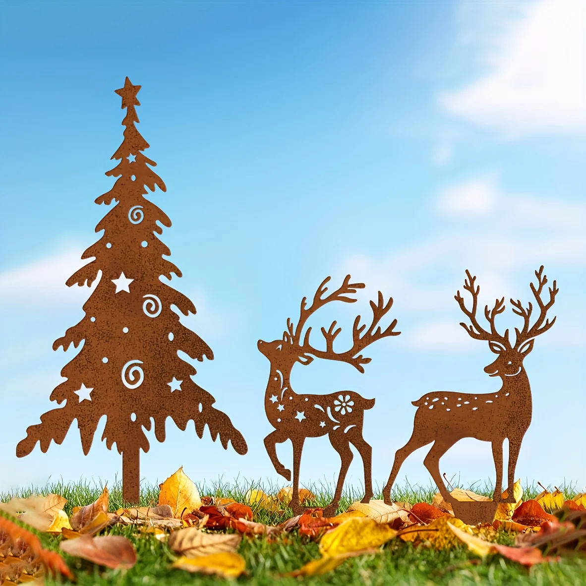 3pcs Christmas Tree and Deer Metal Garden Stake, Vintage Rustic Style Outdoor Yard Christmas Decorations, Christmas Gift
