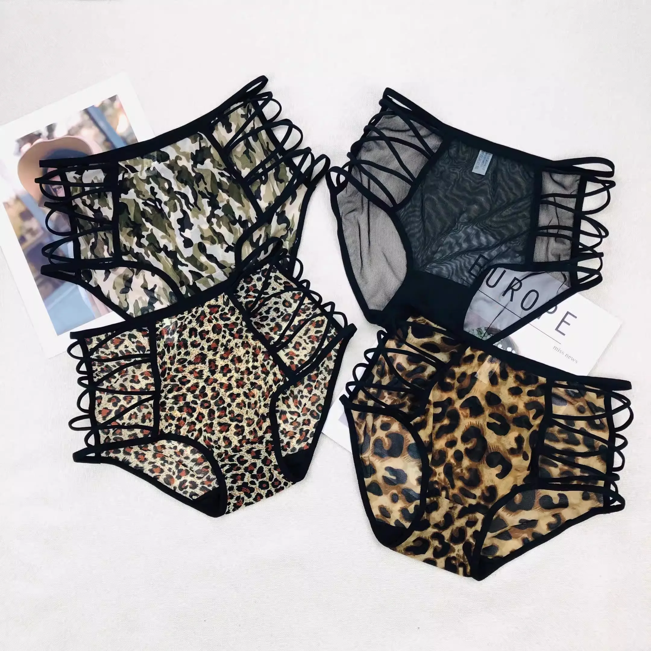 4PCS/Lot Women Underwears Sexy Lace Breathable Bag Hip Thin With Cross Cutout High Elastic Leopard Print Panties Girl Underpants