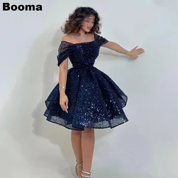 Booma Dark Blue Glitter Short Prom Dresses Off Shoulder Tiered Sequined Women's Evening Dresses Wedding Party Gowns Customized