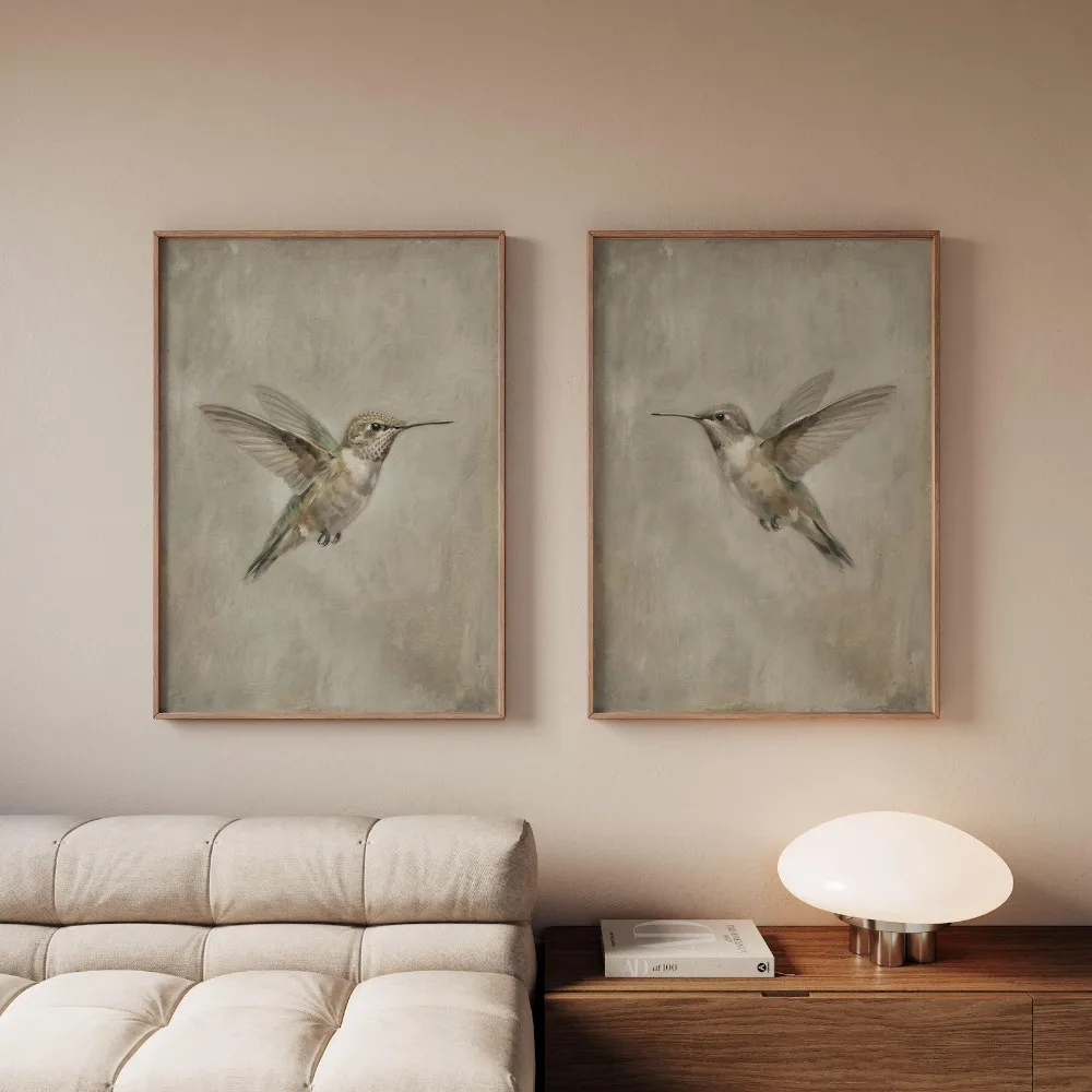 2pcs frameless Canvas Painting 2pcs Frameless, Simple Abstract Hummingbird Art, Retro Japanese Interior Decoration, Farmhouse De