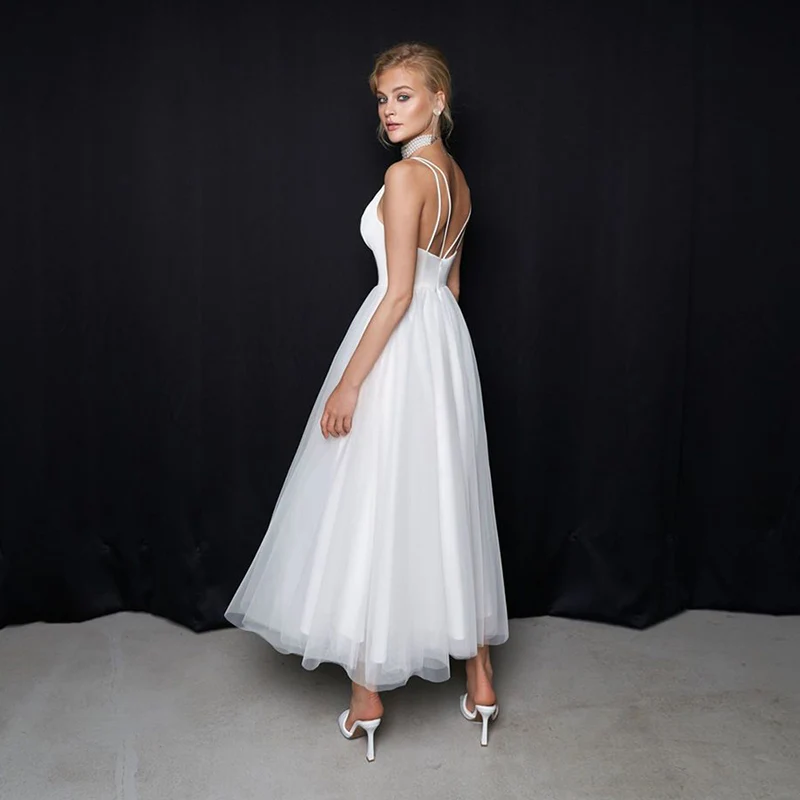 Simple White Ankle Length Bridal Wedding Dresses 2026 Plunge V Neckline Pleat Wedding Gowns for Bride Back Out On Sale