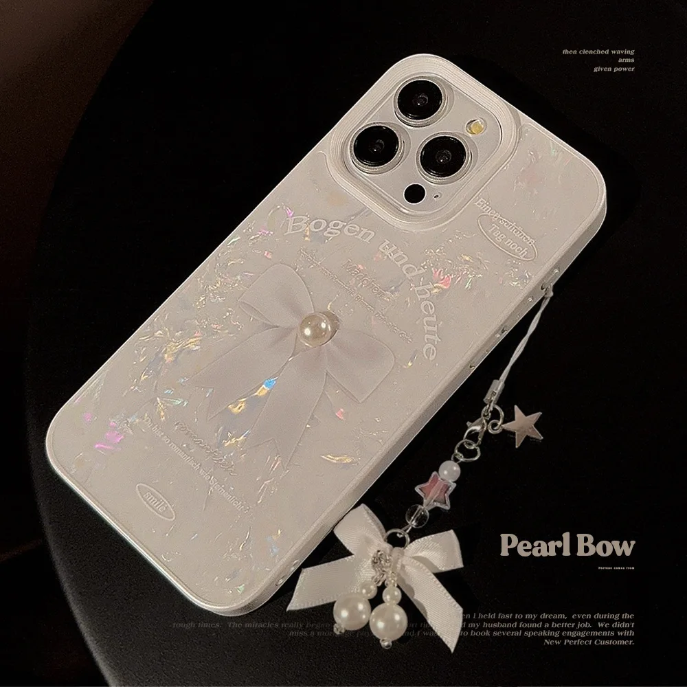 Cute White Bow Phone Case For iPhone 15 14 13 12 11 Pro Max Hanging Silicone Shockproof Bumper Cover 3D Three-dimensional Pearl