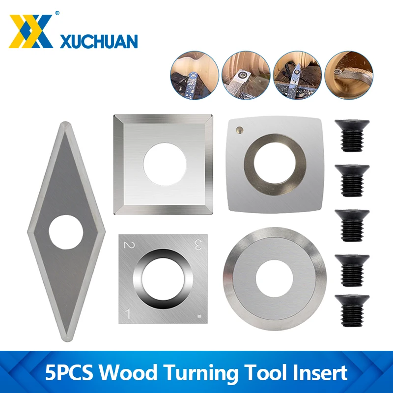 XUCHUAN 5pcs Carbide Cutter Insert Square Round Diamond Carbide Insert for Wood Lathe Turning Tool