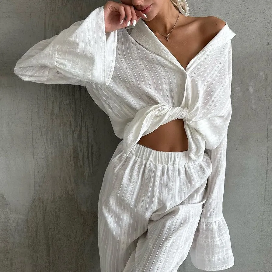 

Pure Cotton Jacquard Comfortable Long-sleeved Trousers Ruffled Skin-friendly Pajamas Set 2026 Autumn New Home Wear