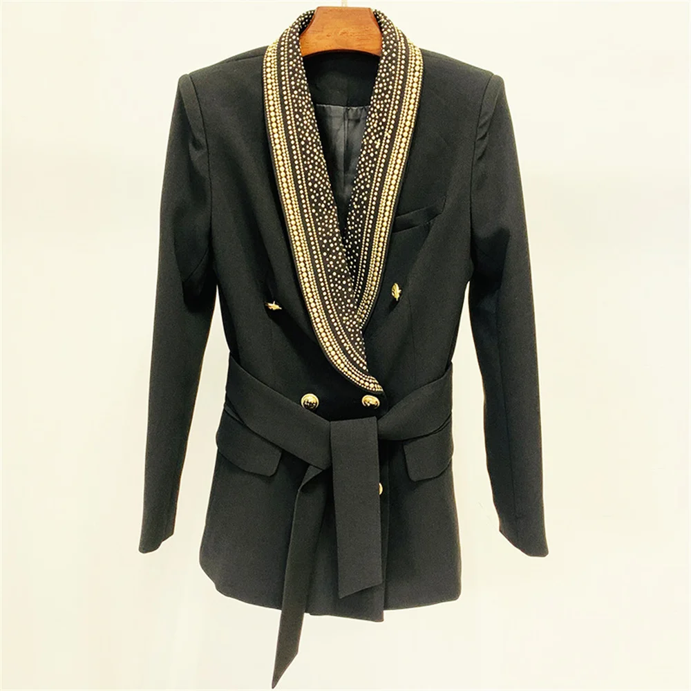 

Black Women's Formal Blazer 2023 New in Luxury Beading Lion Gold Buttons Retro Blazer With Belt Elegant Ladies Long Jacket