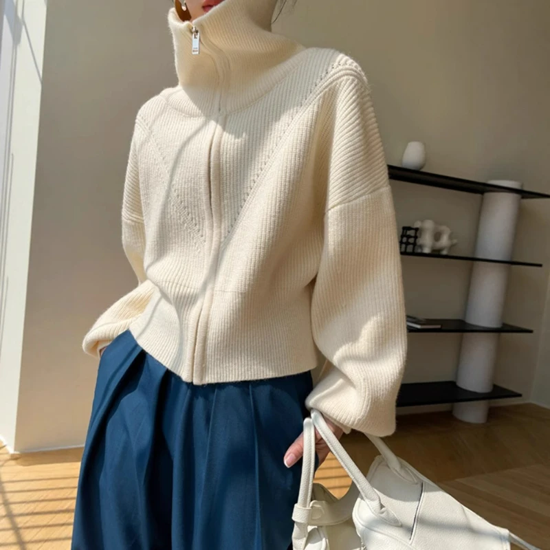 

Женский свитер, кардиган, вязаный длинный рукав, воротник-стойка, толстые джемперы, повседневные теплые свитера на молнии, верхняя одежда, осень