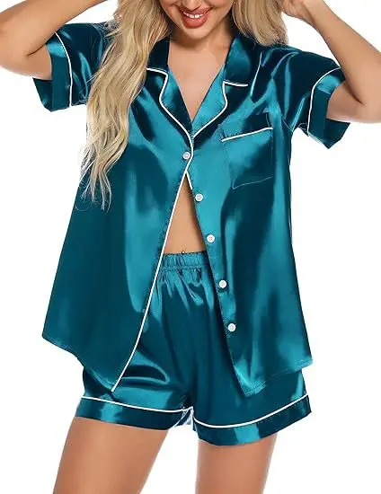 

Women's Pajama Spring Summer Ice Silk Sleepwear Pijamas Suit Short Sleeve Sahorts Pyjama Two Piece Set Loose Casual Home Wear