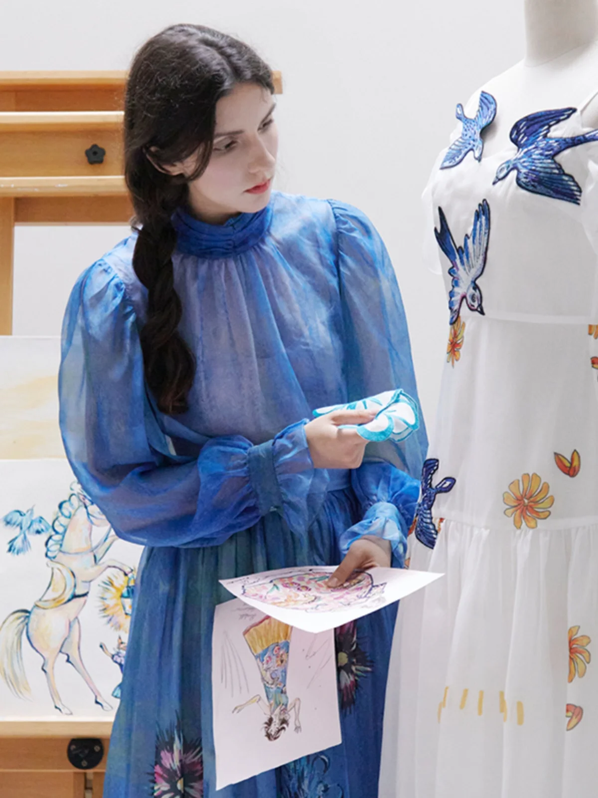 

Xunruo Long Sve irt Blue Oil Painting Collar Artist Collaborative Straight Cut French Sle Polyester Fiber