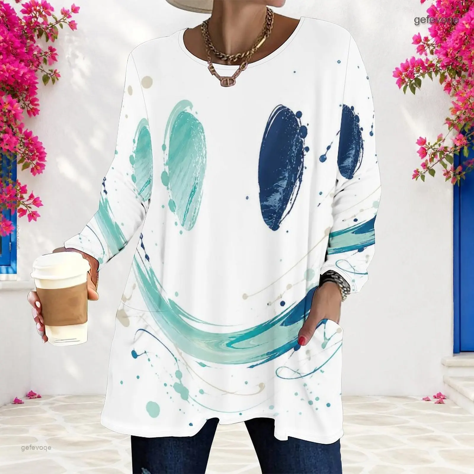 Women Abstract Brush Smiley Printed Round Neck Long Sleeve Loose Longline Top with Pockets