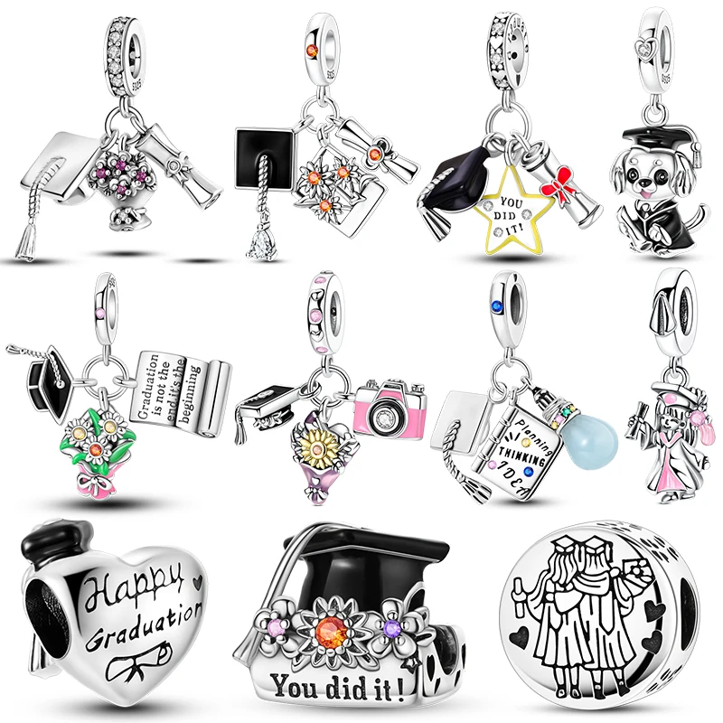 Graduation Cap Diploma Charm Beads Enamel Dangle Charms Fits 3mm Bracelet Necklace For Women Pendant Luxury DIY Jewelry Gift