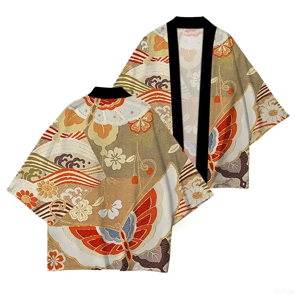 Unisex Japanese Kimono Cardigan Haori Floral Sakura Wave Print Three Quarter Sleeve Casual Streetwear Loose Open Front Jacket