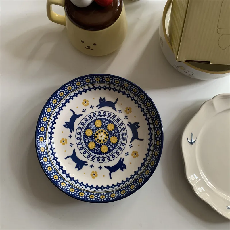 Nordic Underglaze Cat Disc Ceramic Ornaments Living Room Kitchen Dining Table Dessert Plate Fruit Plate Crafts Home Decoration