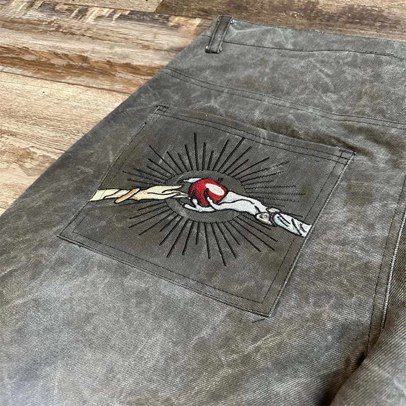 الرجعية مذكرة الموت أنيمي دور التصحيح التطريز المتعثرة غسلها مستقيم الساق الجينز Y2K أزياء الرجال النساء فضفاض الهيب هوب الشارع الشهير #4