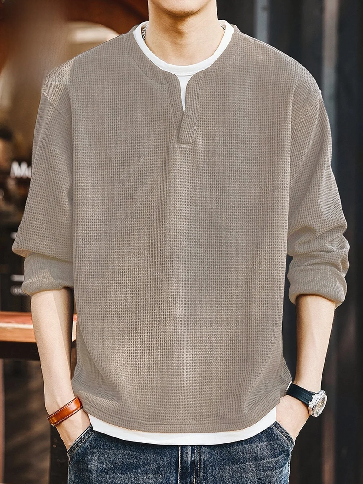 

Мужской повседневный комплект из двух предметов: футболка с длинным рукавом и V-образным вырезом, свободный крой, модный, весенняя новинка