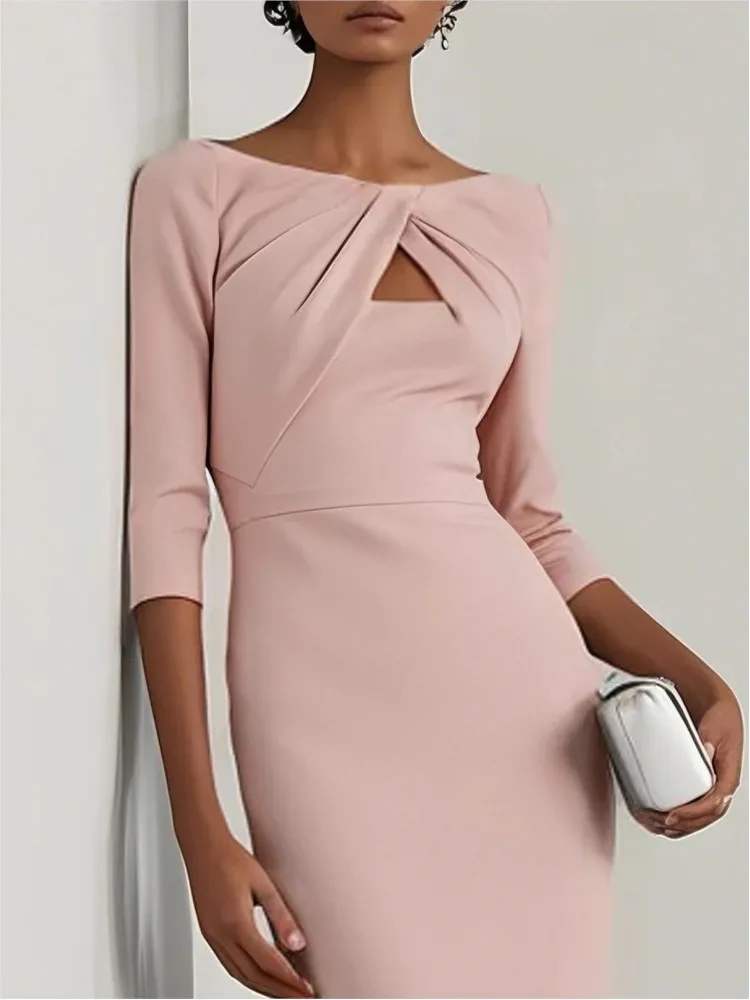 Herbst Sexy Ausschnitt Midi Kleid 3/4 Hülse Midi Bodycon Kleid frauen Frühling Solide Elegante Cocktail Party Formale Kleid Robe femme