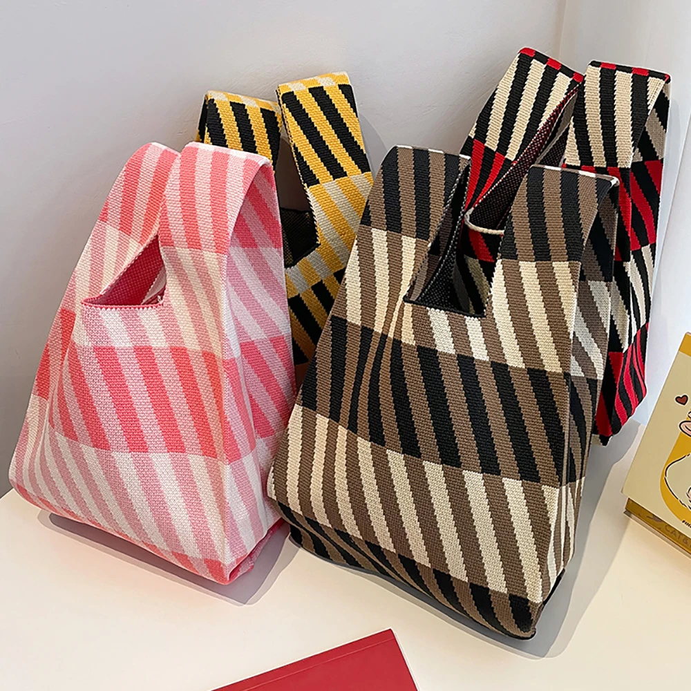 Handmade Knit Handbag Women Mini Knot Wrist-bag Female Casual Color Wide Stripe Plaid Tote Bag Student Reusable Shopping Bag