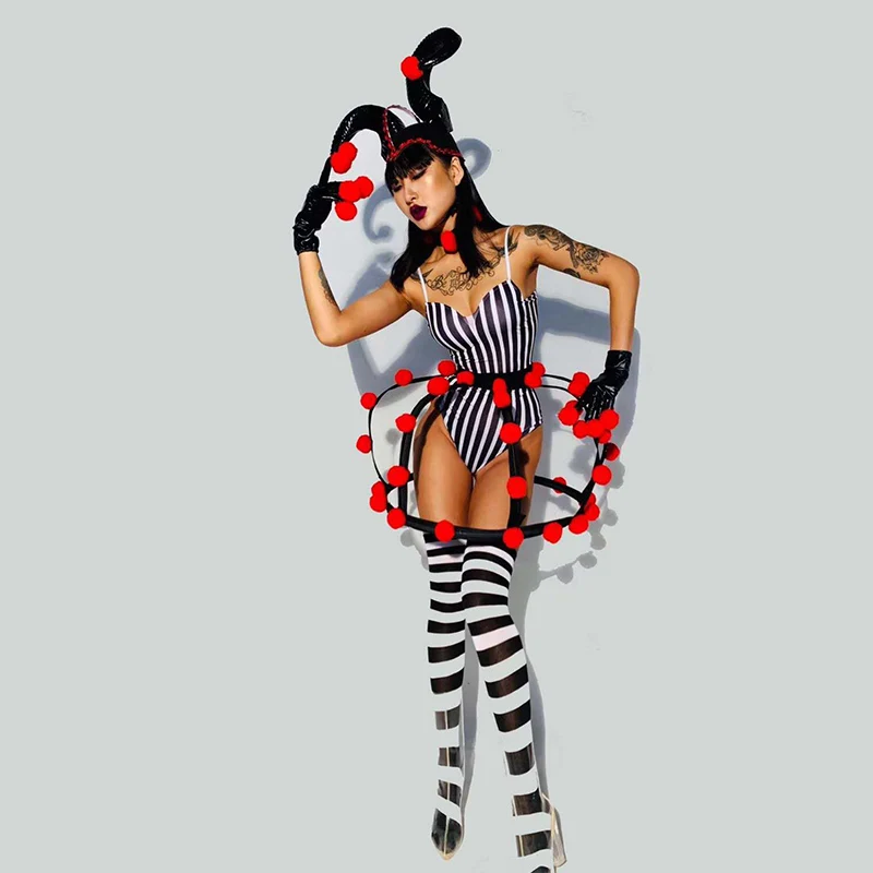 Nightclub Gogo Dance Costume Clown Striped Bodysuit Singer Stage Wear Rave Outfit Drag Queen Clothes Festival Clothing VDB5646