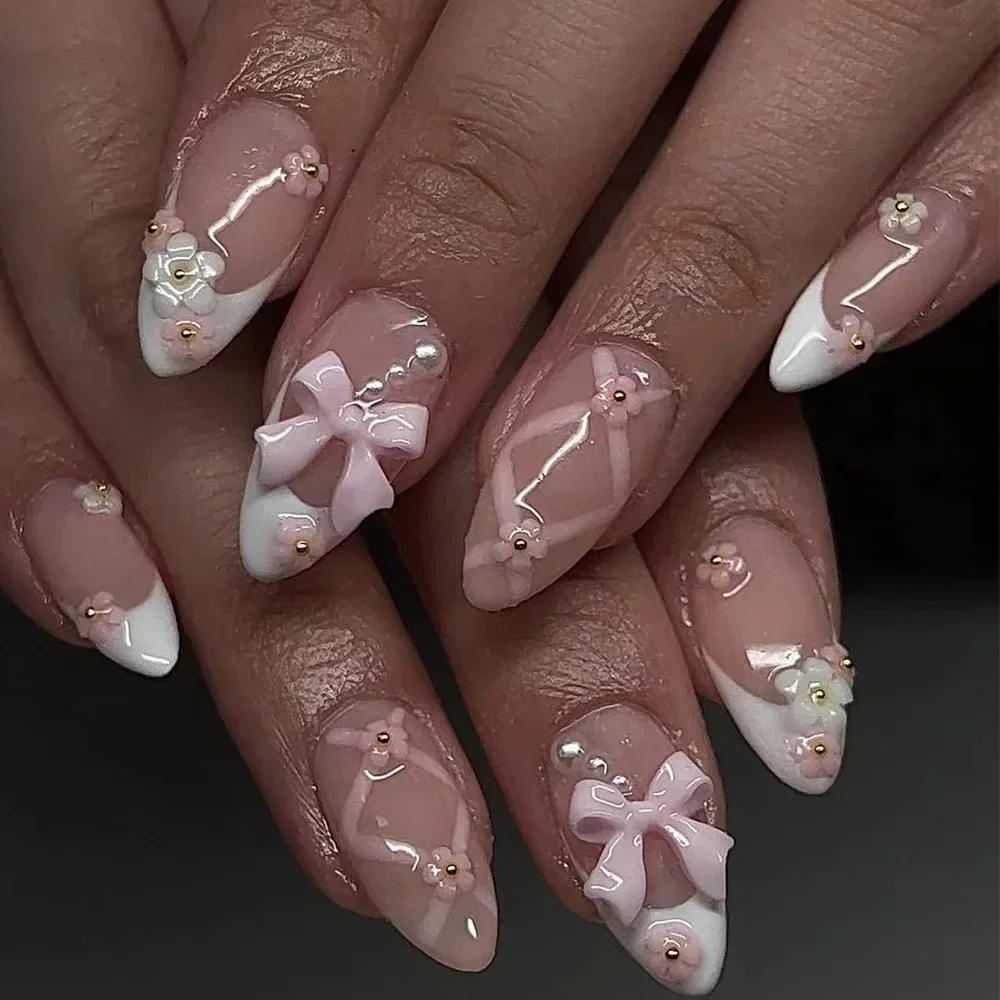 Unhas postiças estilo francês, 24pcs, cor rosa, curto, amêndoa, com arco 3d, flor, pérola, balé, cobertura completa, dicas