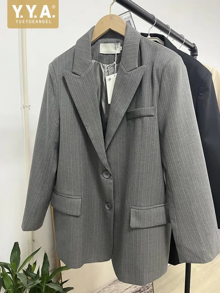 Spring Autumn Women Striped Notched Single Breasted Blazer Jacket Korean Style Ladies Work Suit Coat Fashion Casual Blazer Tops