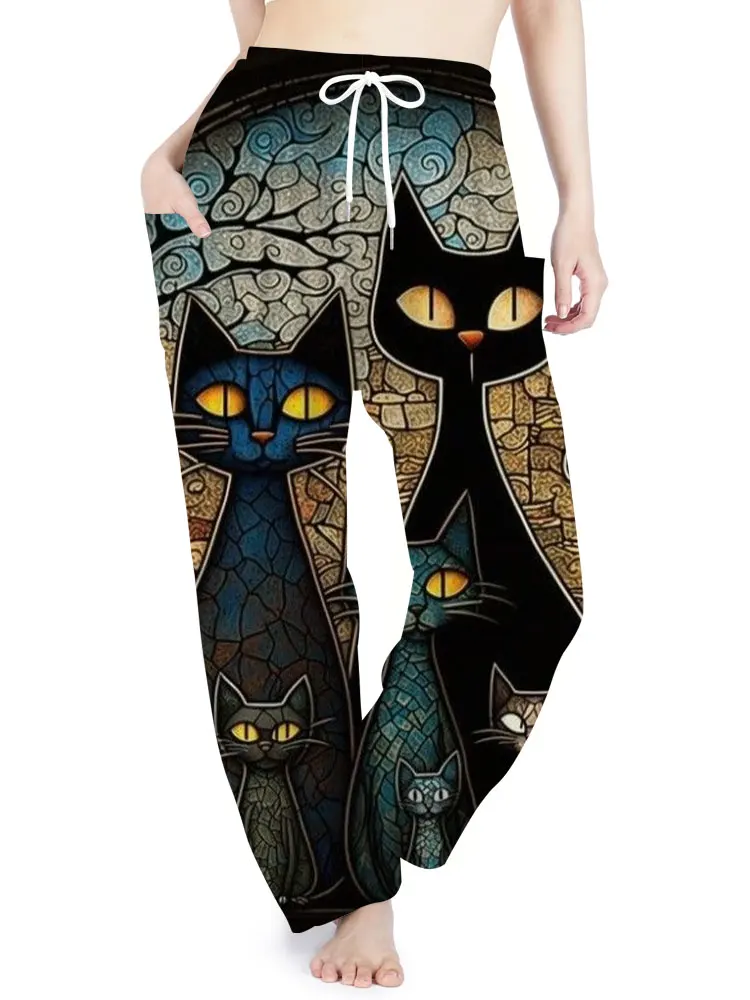 Casual Fashion Avant-garde Card Fashion Pants Cat Print Bohemian PrintPants Summer Fall Ladies Bohemian Holiday Pants