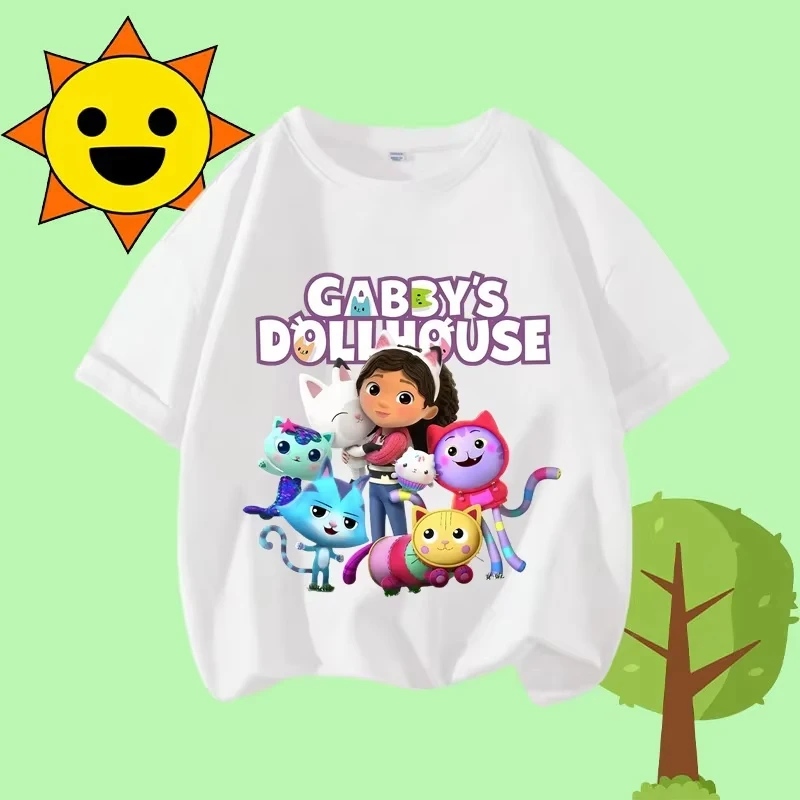

2025 Disney princess cartoon print cute and trendy sports shirt for girls summer Tshirt Gabby children's crew-neck short sleeved