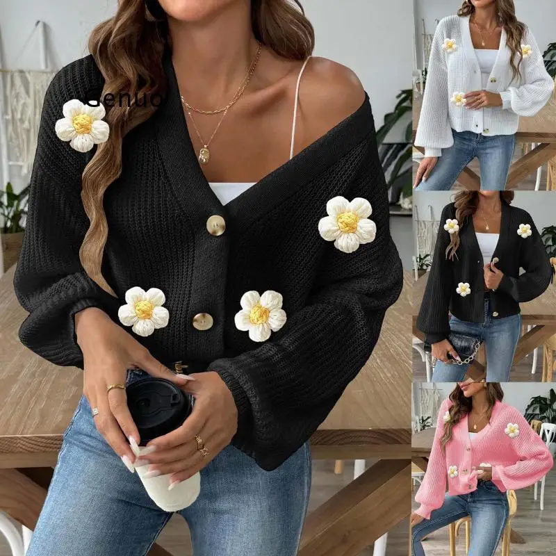 

Women's Sweater Women's Autumn and Winter Hand Hook Flower Splicing Short Button Coat Sweater Cardigan