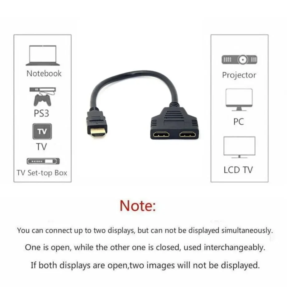 1 In 2 Out HDMI-compatible Splitter Cable Dual Port HDMI-Compatible Cable Y Splitter Adapter 1080P for PC Laptop TV Box Monitor
