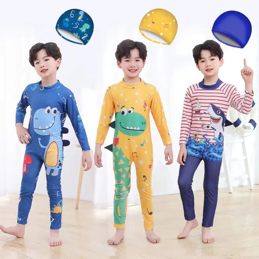 

Summer Baby Boys Cartoon Swimwear Long-sleeved One Piece Bathing Suit Kids Diving Suit Swimsuit Beach Wear Children Bodysuit Set