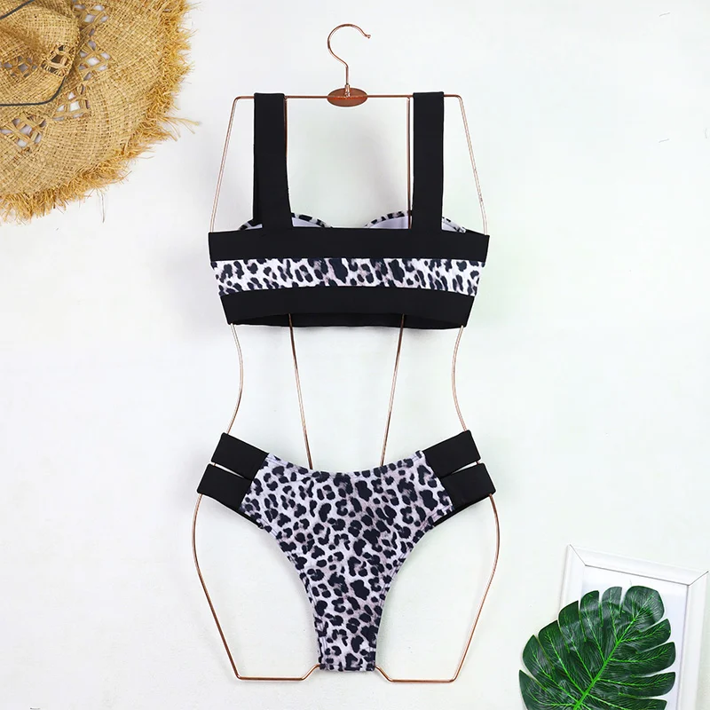 Sexy Bikini Push Up Swimwear Swimsuit Women Leopard Block Color Patchwork Hollow Double Bandages High Waist Bikinis Set Biquinis