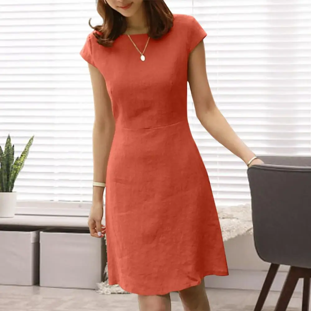 

Women Dress Round Neck Short Sleeve V-shaped A-line Slim Above Knee Length Commute Mini Dress