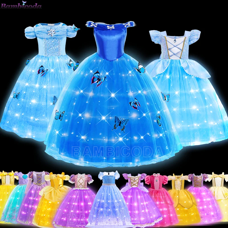 Elza Belle Princess Snow Queen Costume LED Light Dress Girl Halloween Ariel Carnival Clothes Cosplay Cinderella Rapunzel