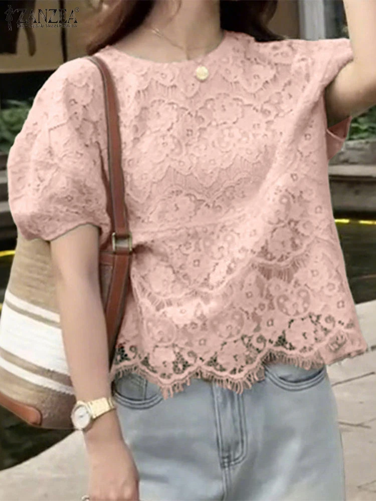 

ZANZEA Summer Lace Blusas Women Seethrough Tops Vintage Short Puff Sleeve Irregular Hem Tunics 2025 Casual O-Neck Pullover