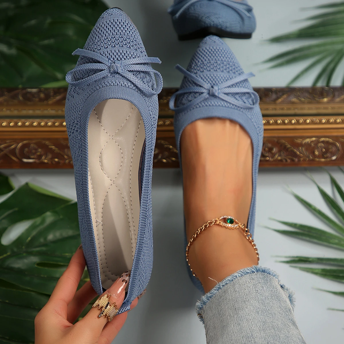 Pointed Bow Flying Flat Shoes Women's 2026 New Summer Casual Bean Shoes Knitted Soft Sole Knitted Women's Shoes Large Size 43