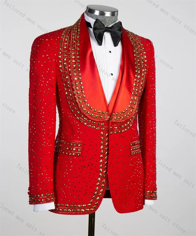 Rote Kristalle Herrenanzug-Set, 2-teilig, Blazer + Hose, Bräutigam, Hochzeit, Smoking, formelle Arbeit, Büro, männliche Jacke, Abschlussball, Baumwollmantel, Hose