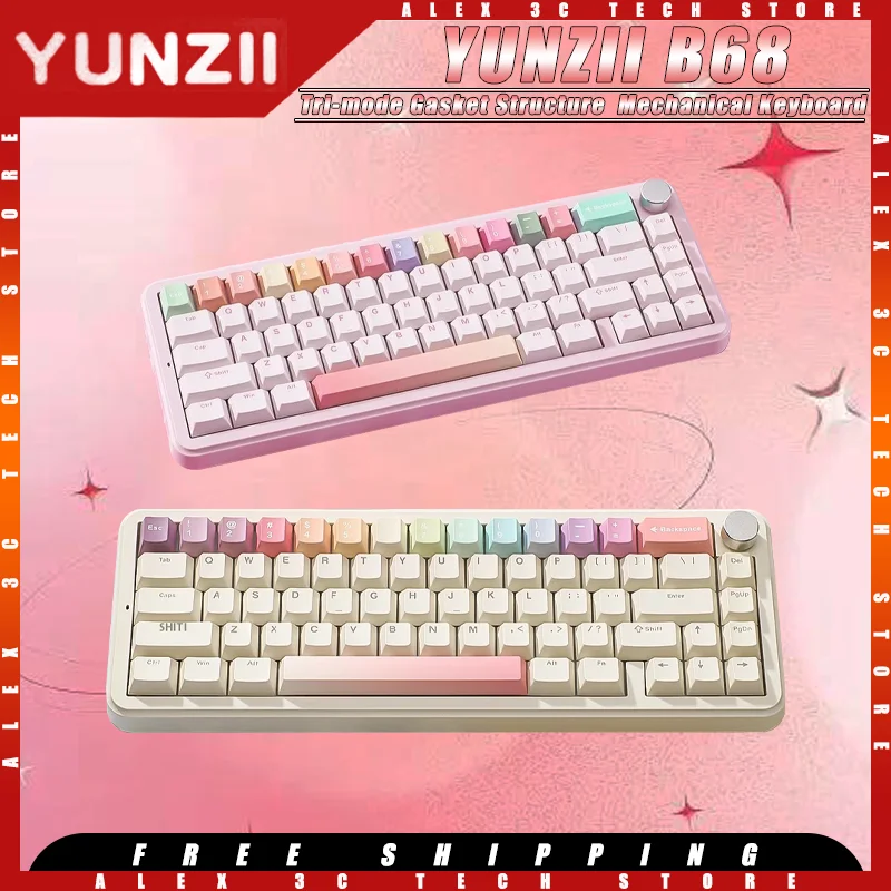 YUNZII B68 Mechanical Keyboard Tri-mode Wireless Hot Swap Gasket Structure Cute Customized Gaming Keyboard Pc Gamer Accessories