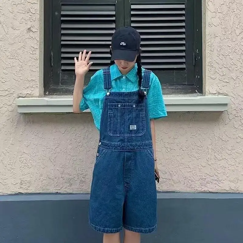 

Свободные синие джинсовые комбинезоны для женщин: весенняя мода, высокая талия, прямые штанины, эффект похудения, молодежный образ