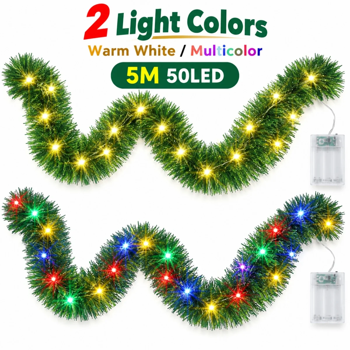 1pc 5M 50LED Green Tinsel Garland Lights Battery Operated Warm White Multicolor Fairy String Light for Christmas Tree Home Decor