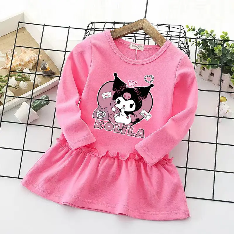 Kuromi Anime Kawaii Sanrio Ins Round Neck Long Sleeve Shirt Spring Autumn Cute Cartoon Children Casual Hooded Dress Gitfs