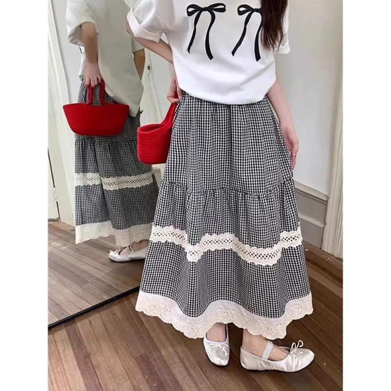 

Vintage High Waisted Lace Plaid Patchwork Cake Skirt Long Streetwear Punk 2000s E-girls Harajuku Gothic Street Sweet Casual